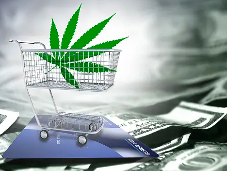 a pot leaf sits in a shopping cart above credit cards and dollar bills