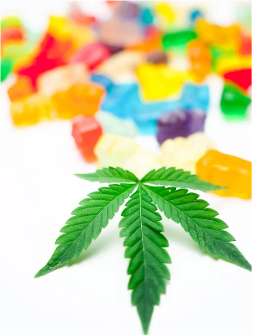 An upside-down green marijuana leaf in front of a pile of out-of-focus gummi bears in different colors